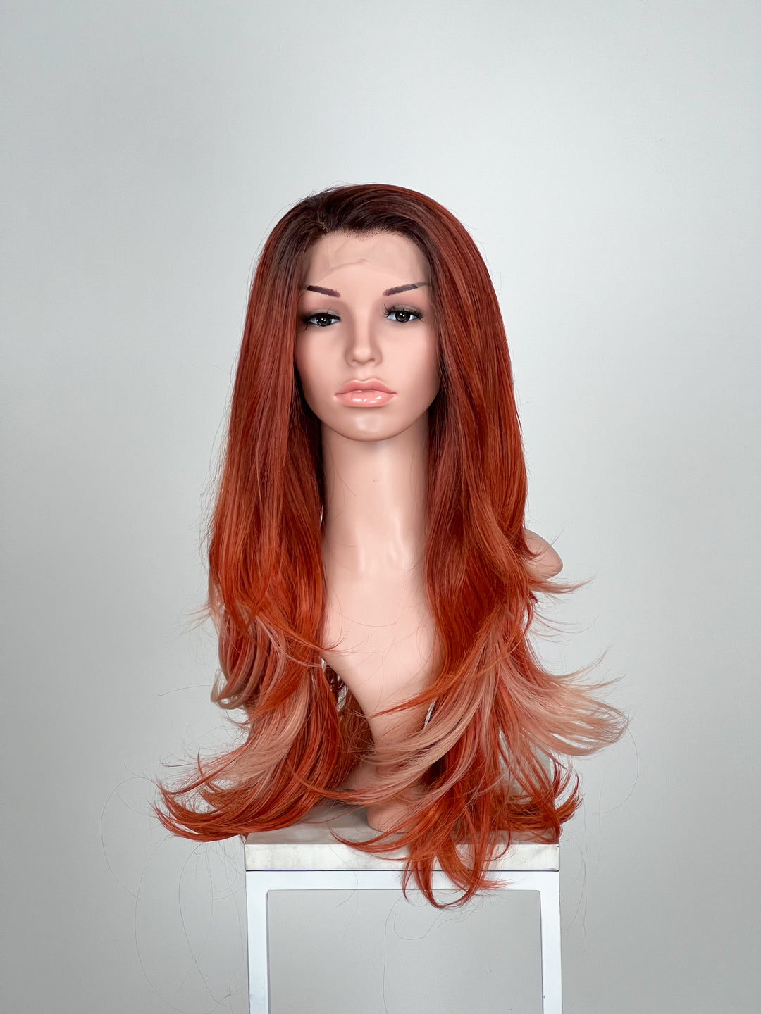Marina Tropical Sunset Red Long Straight Lace Front Wig - Princess Series LPSKY53 Color: dark roots flowing into a reddish/orange ombre that fade into light pink blended ends