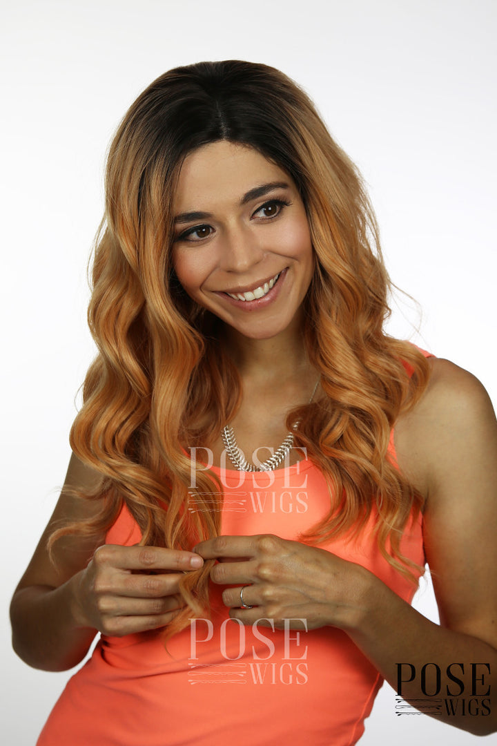 Balayage Peachy Pink Blonde Ombre Long Curly Lace Front Wig - Princess Series LP093