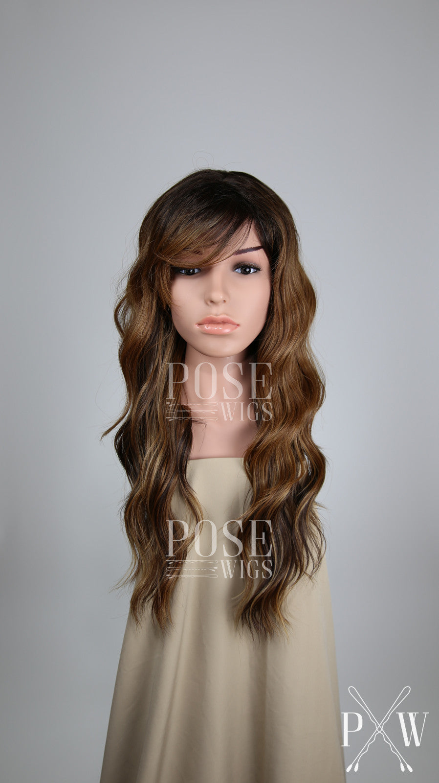 Balayage Brown Ombre Long Curly Hair with Bangs Fashion Wig - Large 23" size - HSFAN70