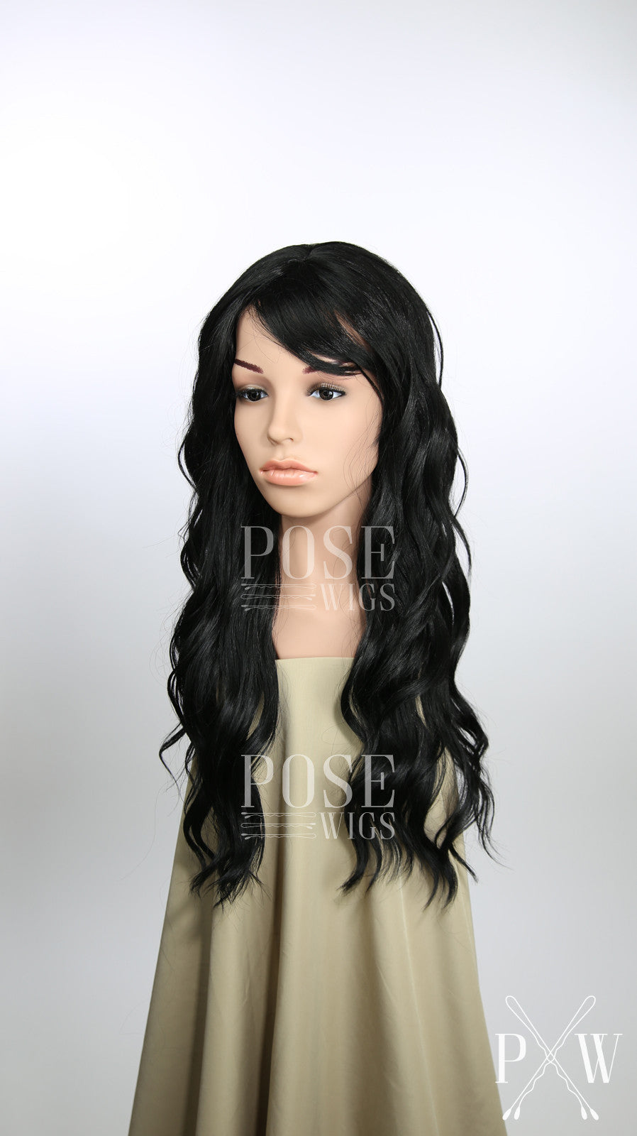 Black Long Curly Hair with Bangs Fashion Wig - Large 23" size - HSFAN1