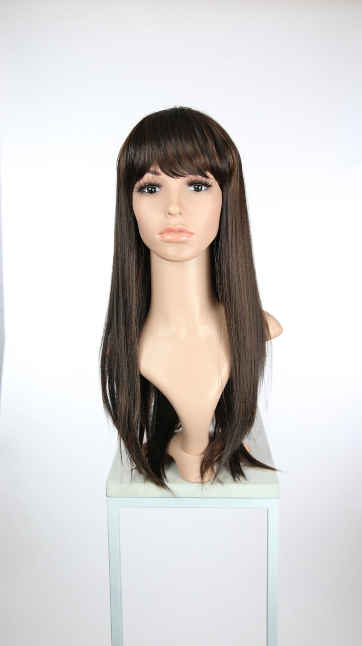 Dark Brown with Highlights Long Straight with Bangs Fashion Wig HSOAS11