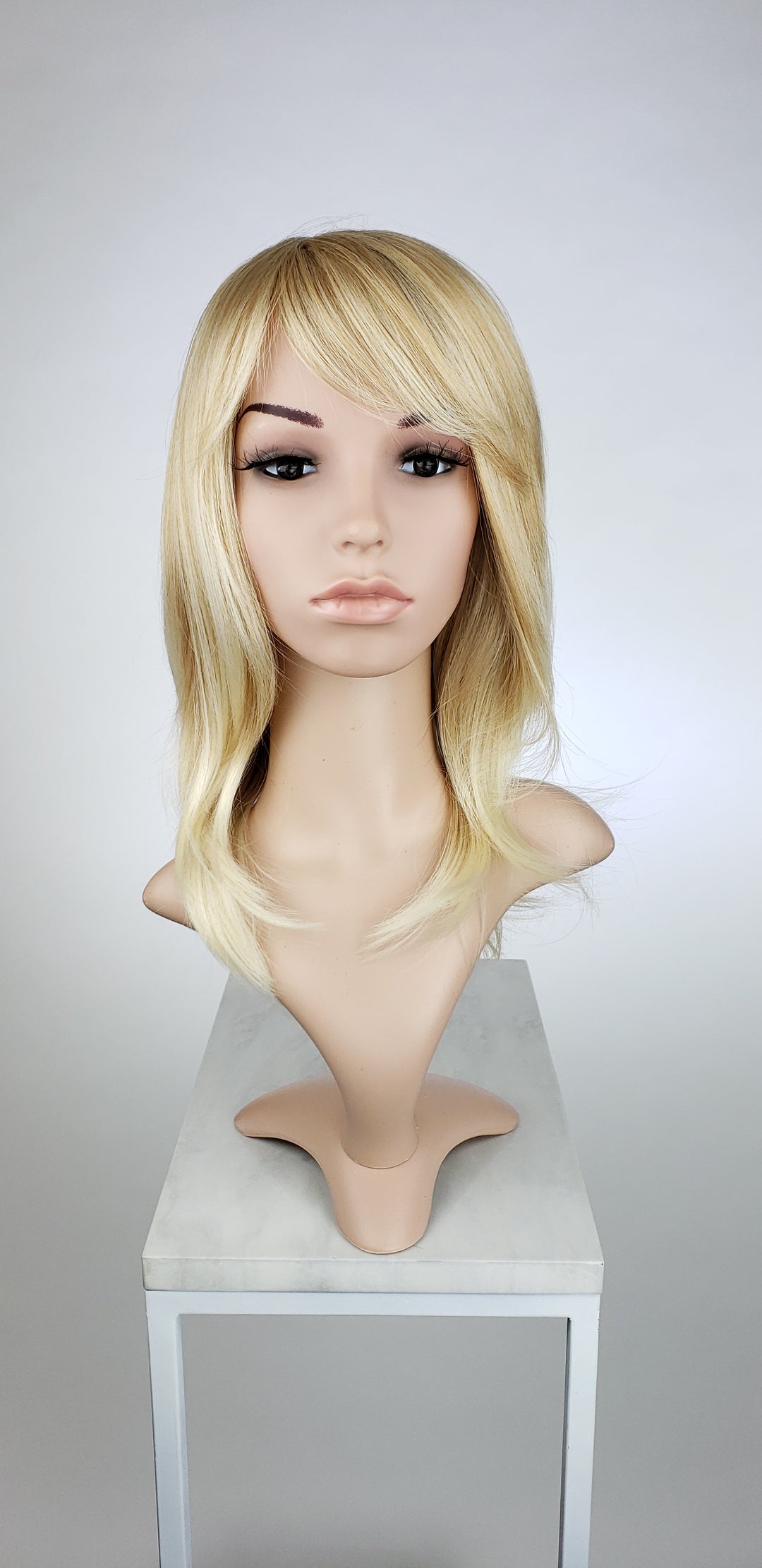 Strawberry Blonde Ombre Medium Length Straight Bob with Bangs Fashion Wig HSKLY91