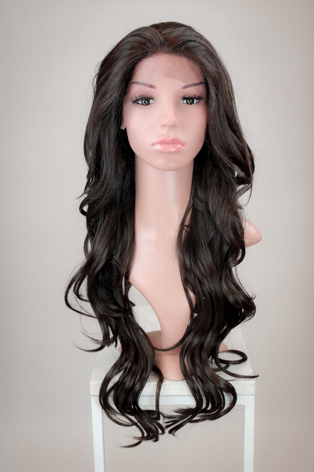 Kim Dark Brown long curly lace front wig with slight side part