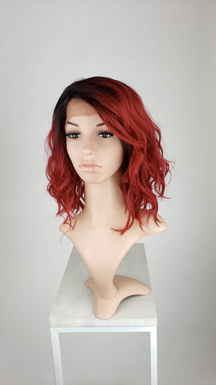 Pose Wigs Red Ombre Medium Length Wavy Bob with Bangs Lace Front Wig - Duchess Series LDHAY81