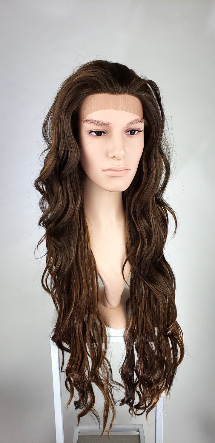 Mens Dark Brown Mix Long Curly Lace Front Wig - LLMON18