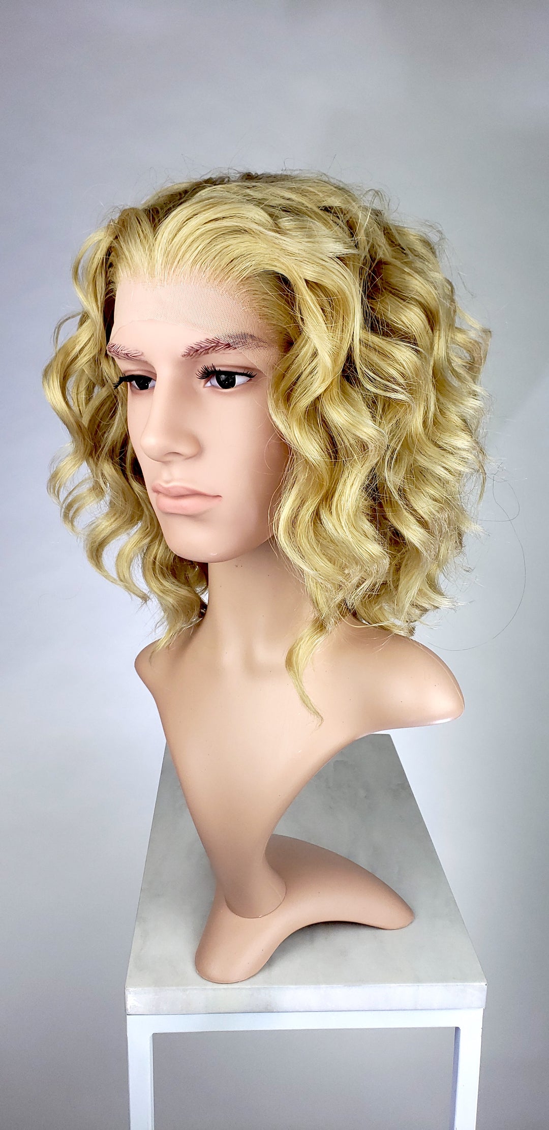 Mens Blonde Mix Medium Length Curly Lace Front Wig - LPFAE122
