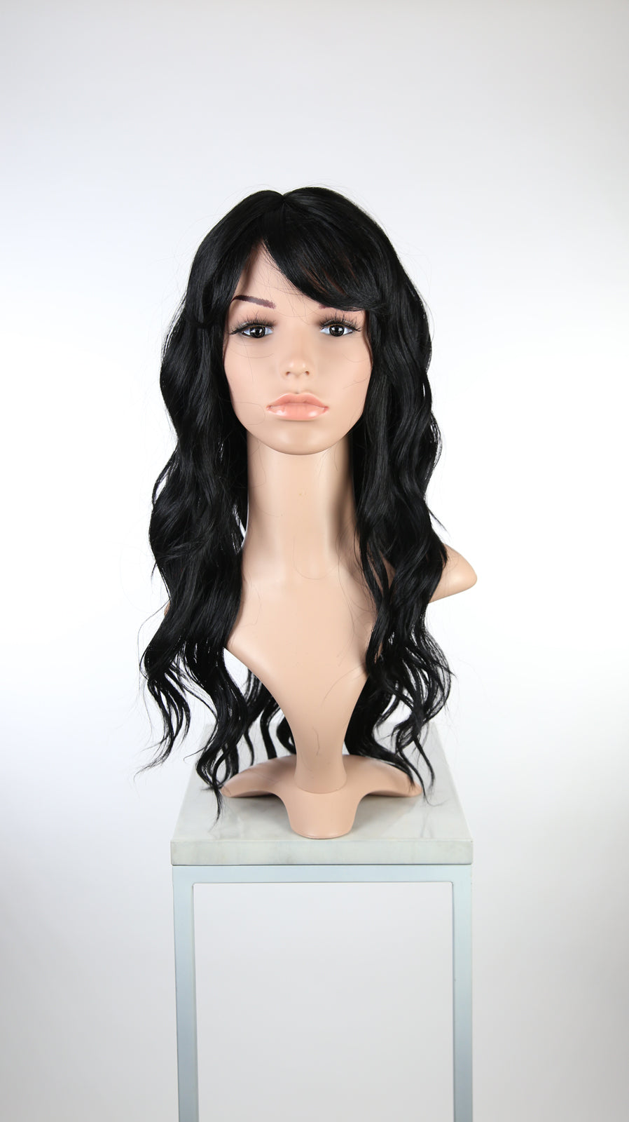 Black Long Curly Hair with Bangs Fashion Wig - Large 23" size - HSFAN1