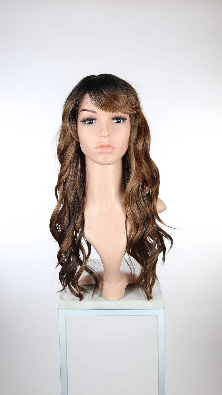 Balayage Brown Ombre Long Curly Hair with Bangs Fashion Wig - Large 23" size - HSFAN70