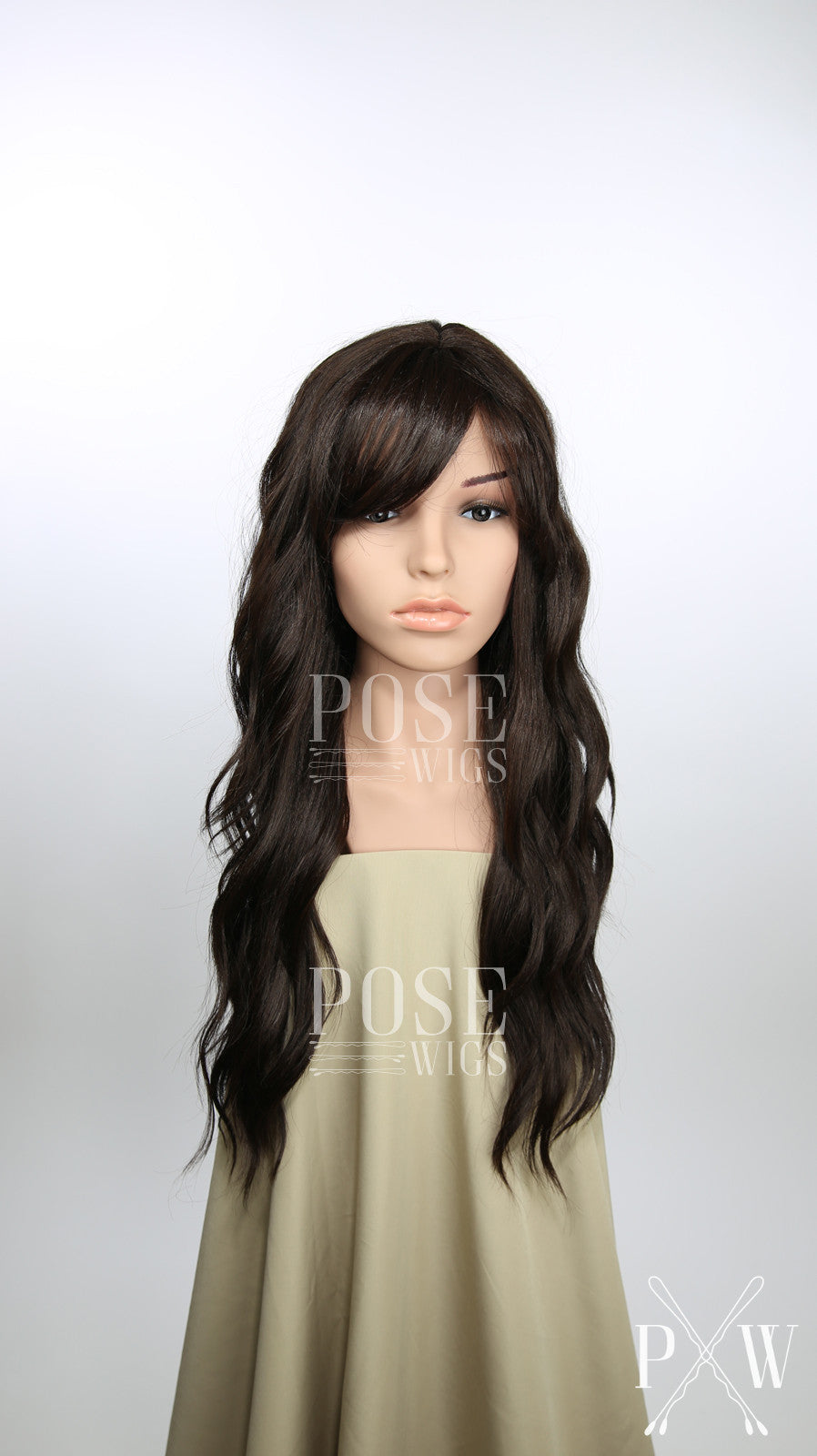 Dark Brown Long Curly Hair with Bangs Fashion Wig - Large 23" size - HSFAN10