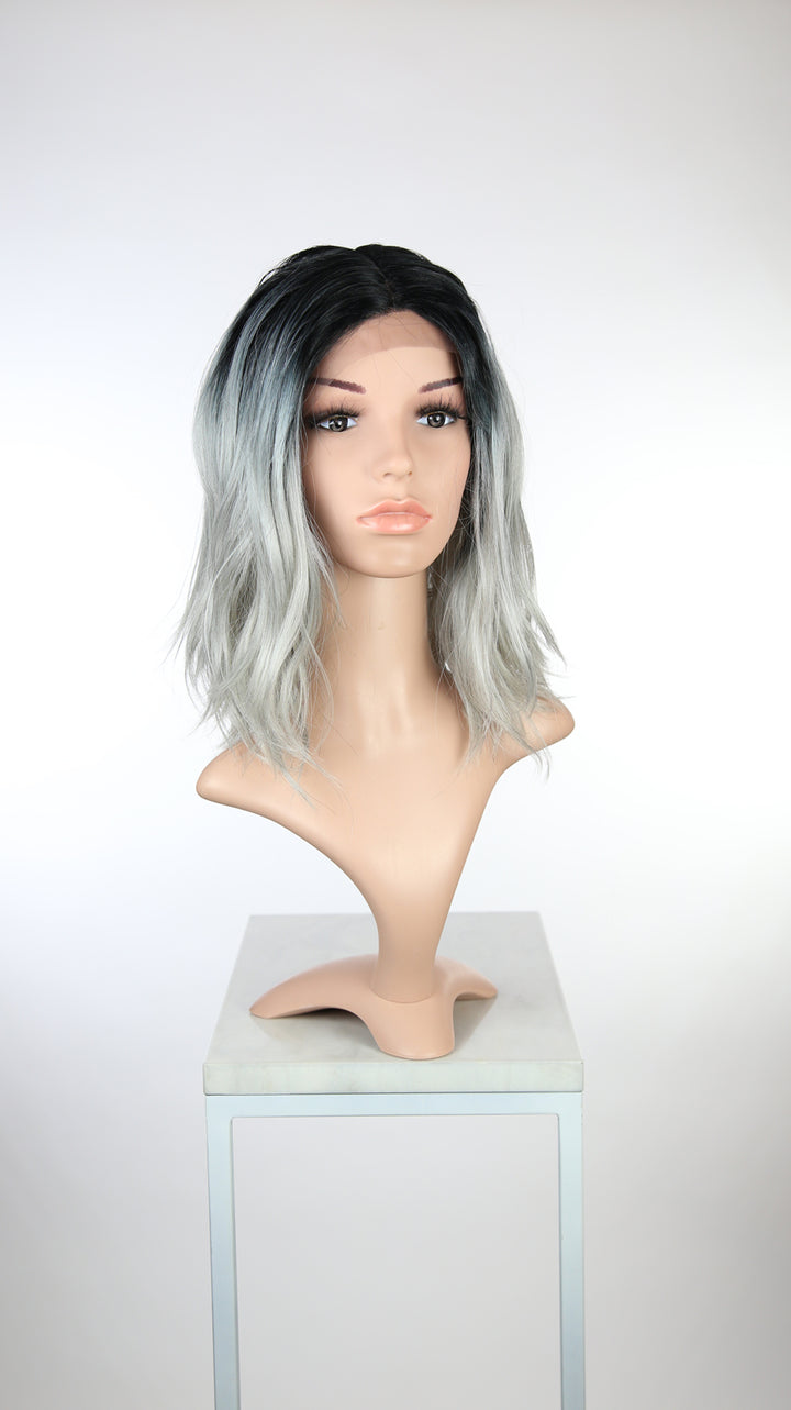 Silver Grey Ombre Medium Long Wavy Bob Lace Front Wig - Duchess Series LDHAT80