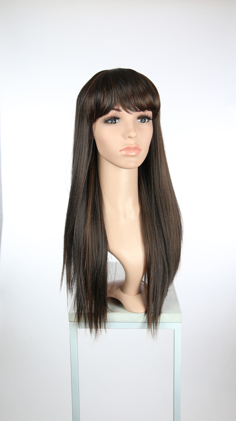 Dark Brown with Highlights Long Straight with Bangs Fashion Wig HSOAS11