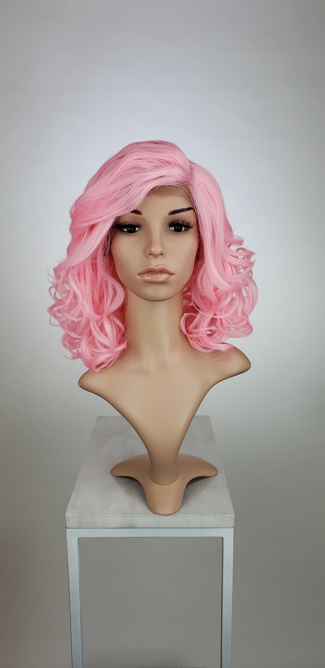 Pink Medium Length Curly with Bangs Lace Front Wig - Duchess Series LDREA183