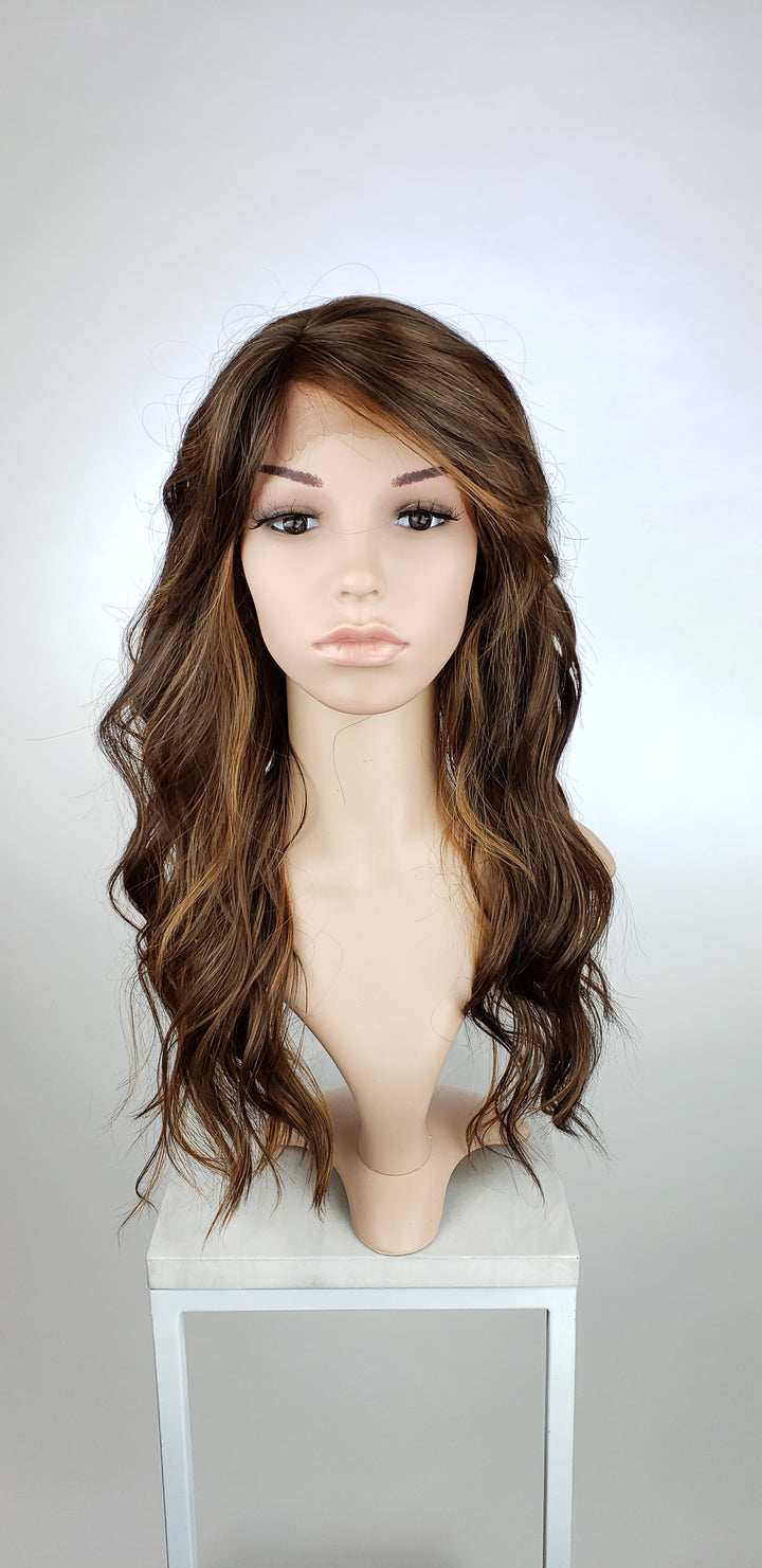 Dark Brown with Highlights Long Wavy with Bangs Lace Front Wig - Lady Series LLTEA18