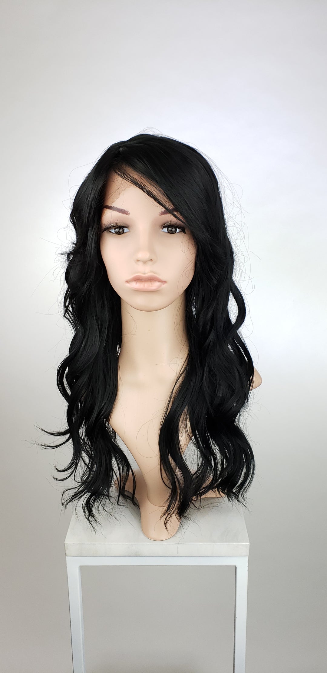 Black Long Wavy with Bangs Lace Front Wig - Lady