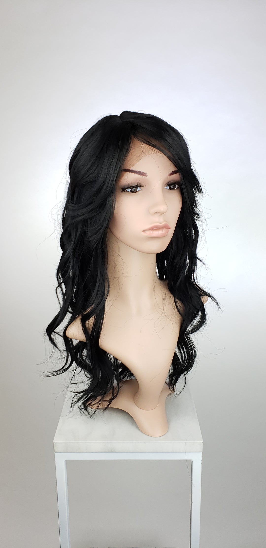 Black Long Wavy with Bangs Lace Front Wig - Lady