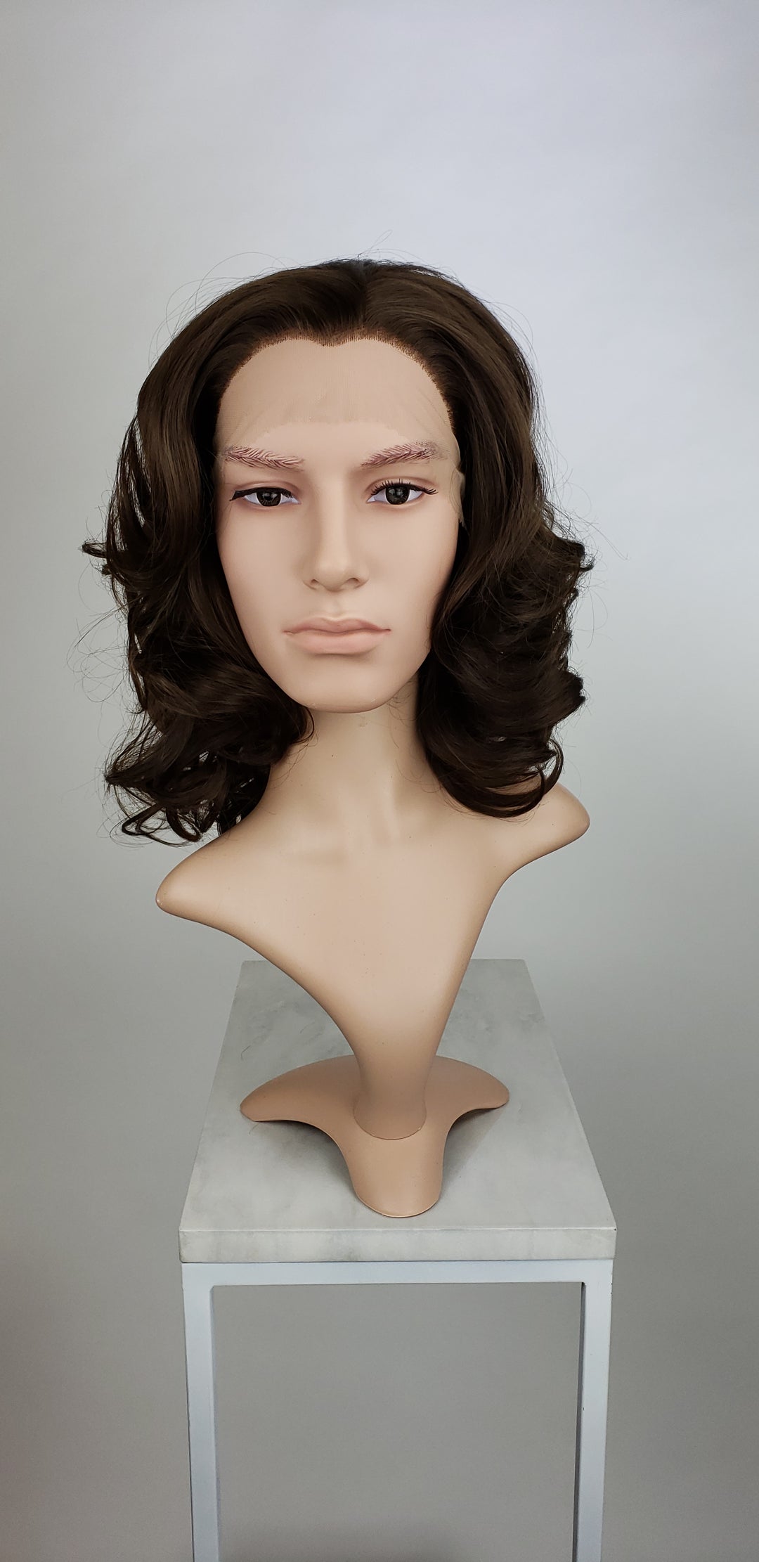 Mens Brown Medium Length Wavy Lace Front Wig - LPZOE61